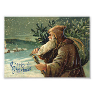Impression Photo =Carte de Noël vintage, Père Noël et arbre