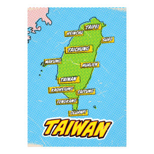 Impression Photo Carte de Taïwan illustrée par Pop Art