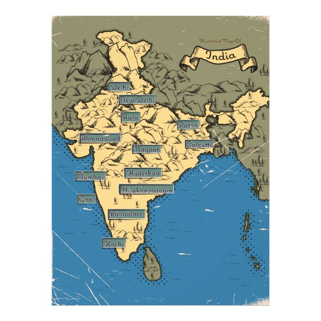 Impression Photo Carte de voyage illustrée de l'Inde (Devant)