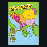 Impression Photo Carte des Balkans illustrée par Pop Art<br><div class="desc">Carte stylisée de la région des Balkans,  avec une esthétique pop art aux contours audacieux et un arrière - plan pointillé. La carte est divisée en 13 régions numérotées,  chacune représentant un pays différent.</div>