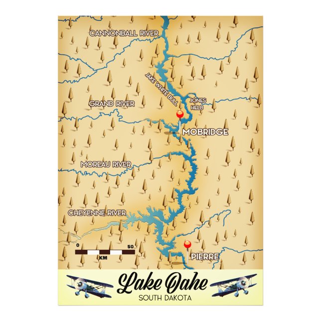 Impression Photo Carte du lac Oahe Dakota du Sud (Devant)