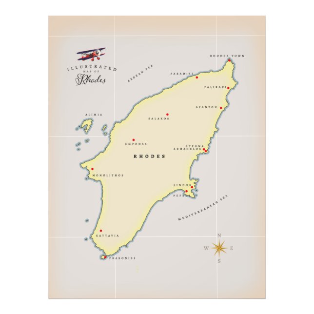 Impression Photo Carte illustrée de Rhodes. (Devant)