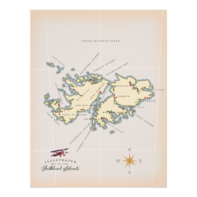 Impression Photo Carte illustrée des îles Falkland. (Devant)