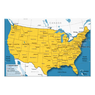 Impression Photo Carte US Carte US avec les noms d'État et les capi