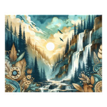 Cascade de Forest Mountain Boho Motif naturel