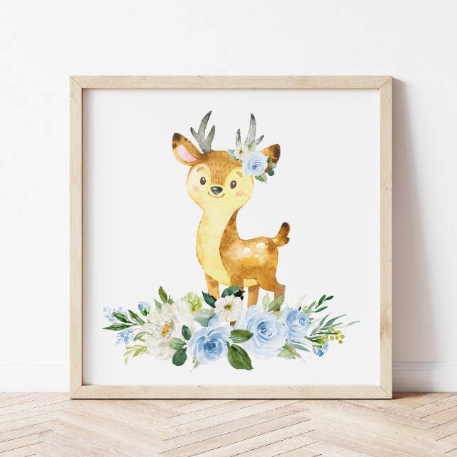Impression Photo Cerfs, Animaux De Bois, Boho, Fleurs Bleues (Créateur téléchargé)