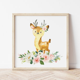 Impression Photo Cerfs, Animaux De Bois, Boho, Fleurs Roses