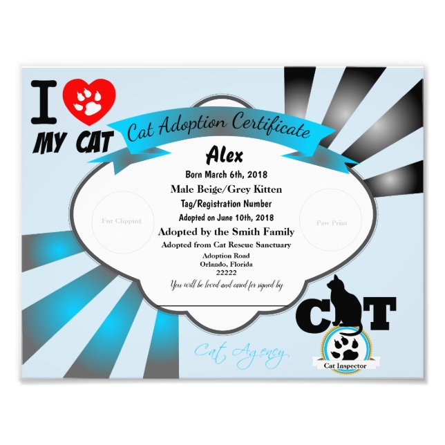Impression Photo Certificat d'adoption de chats personnalisable ble (Devant)