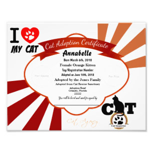 Impression Photo Certificat d'adoption de chats personnalisable Ora