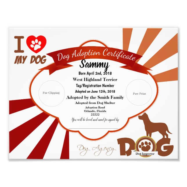 Impression Photo Certificat d'adoption de chien personnalisable Bro (Devant)