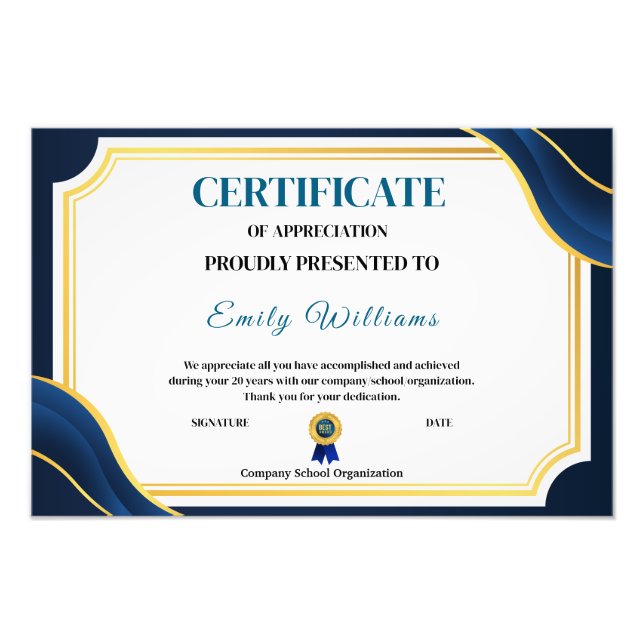 Impression Photo Certificat Or d'Appréciation Personnalisé P (Devant)