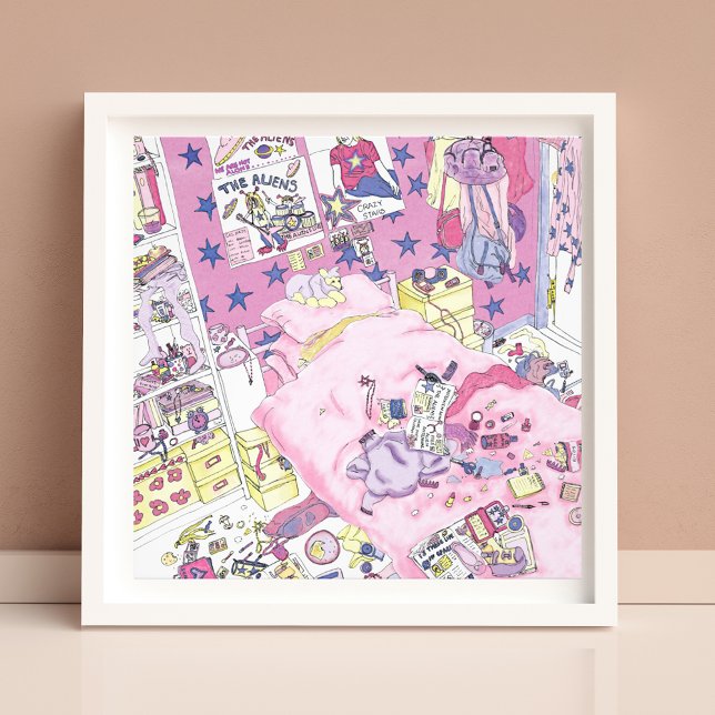 Impression Photo Chambre Désordonnée de Filles Adolescentes Drôles  (Funny teen girls messy pink bedroom watercolor artwork)