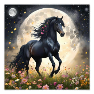 Impression Photo Champ de fleur de lune de cheval noir,