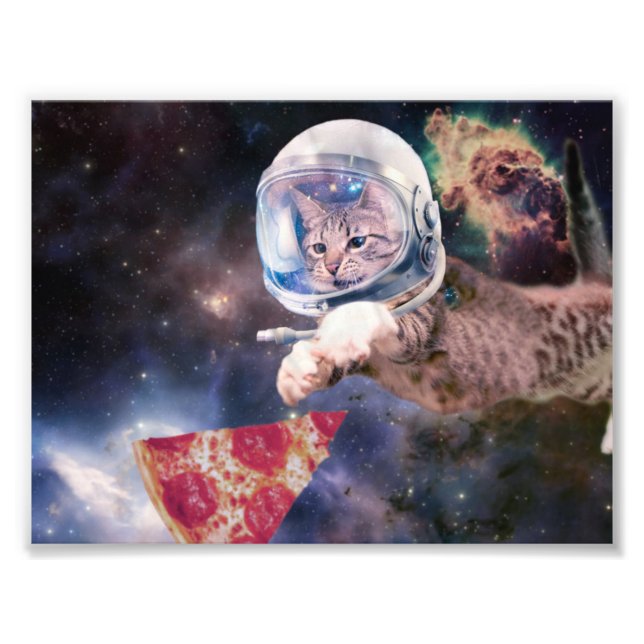 Impression Photo Chat d'astronaute chassant une tranche de pizza (Devant)
