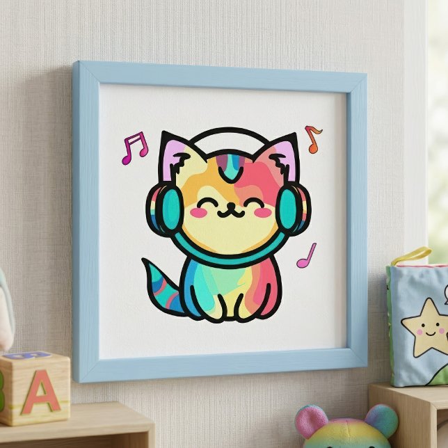 Impression Photo Chat de dessin animé kawaii souriant avec casque (Happy Smiling Kawaii Cartoon Cat with Headphones. Photo Print)