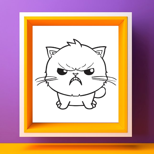 Impression Photo Chat mignon en colère qui baisait. (Cute Angry hissing Cat Line Art Illustration. Photo Print )