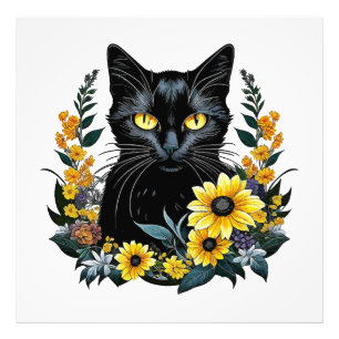 Impression Photo chat noir avec des fleurs