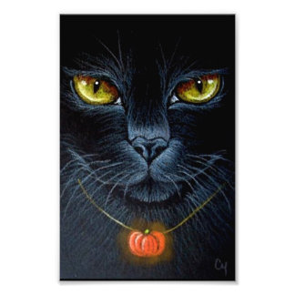 IMPRESSION PHOTO CHAT NOIR D'HALLOWEEN AVEC PENDENTIF CITROUILLE 4"