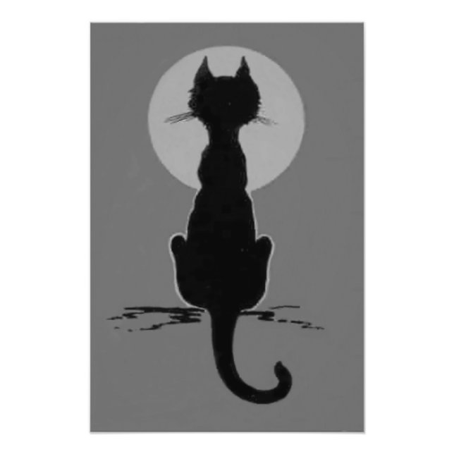 Impression Photo Chat noir monochrome pleine lune noir et blanc (Devant)