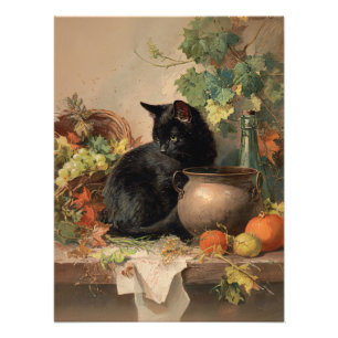 Impression Photo Chat noir vintage au milieu des fruits d'automne