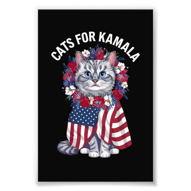 Impression Photo Chat pour Kamala Chat Fleurs Américain Drapeau USA (Devant)
