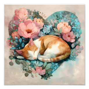 Impression Photo Chat roux endormi rêveur floral aquarelle