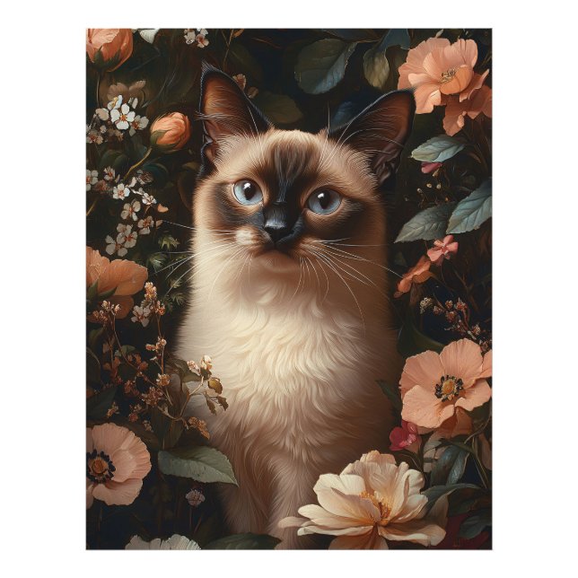 Impression Photo Chat Siamois Entouré De Fleurs Roses Bruyantes (Devant)