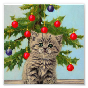 Impression Photo Chat vintage et sapin de Noël