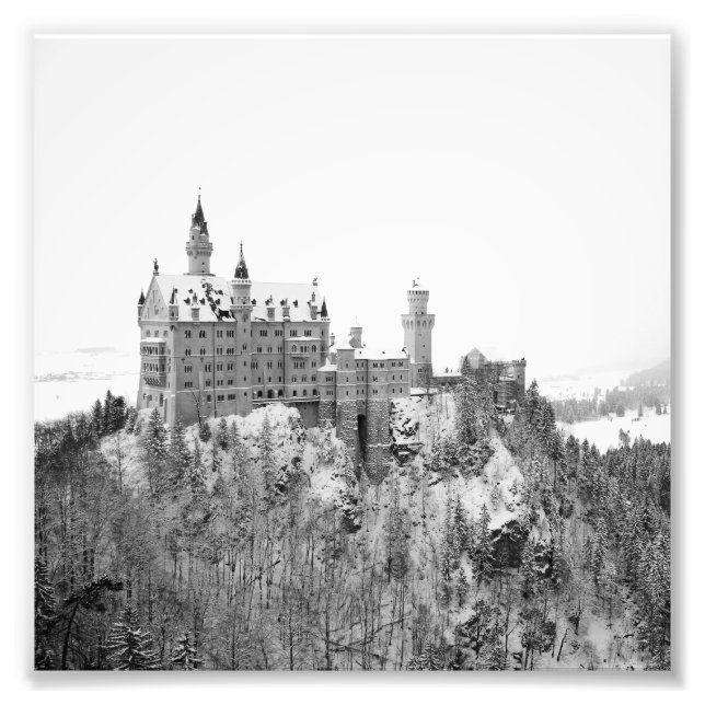 Impression Photo Château de Neuschwanstein noir et blanc en hiver (Devant)