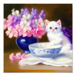 Impression Photo Chaton Blanc Vintage avec Ruban Violet