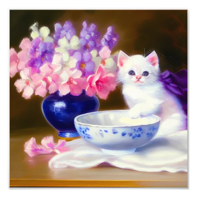 Impression Photo Chaton Blanc Vintage avec Ruban Violet (Devant)