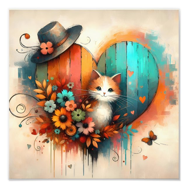 Impression Photo Chaton Fantaisiste aux Fleurs Sarcelle et Orange B (Devant)
