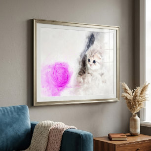 Impression Photo Chaton jouant avec une boule de fil rose aquarelle
