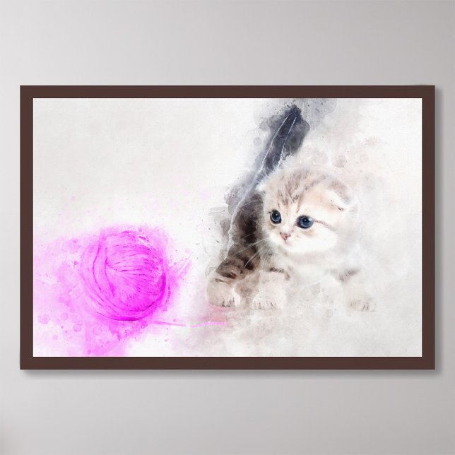 Impression Photo Chaton jouant avec une boule de fil rose aquarelle (Créateur téléchargé)