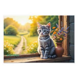 Impression Photo Chaton Tabby Mignon près de la Fenêtre avec des Fl