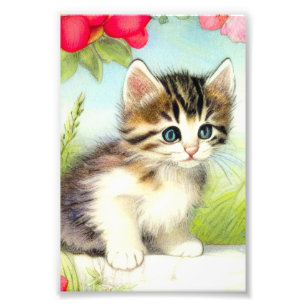 Impression Photo Chaton vintage blanc et Brown avec fleurs