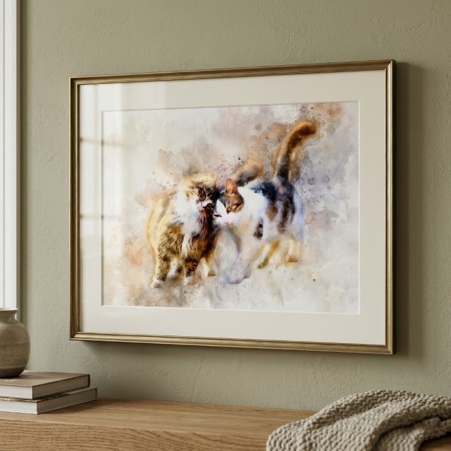 Impression Photo Chats à l'aquarelle se câlinant dans l'art abstrai (Watercolor Cats Nuzzling in Soft Abstract Art. Photo Print)