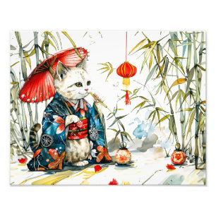 Impression Photo Chatte Geisha Blanche avec un Parapluie Rouge dans