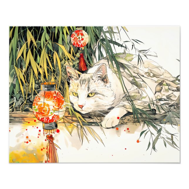 Impression Photo Chatte Geisha Blanche dans une forêt de bambou enc (Devant)