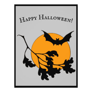 Impression Photo Chauves-souris volantes lune orange Halloween vint