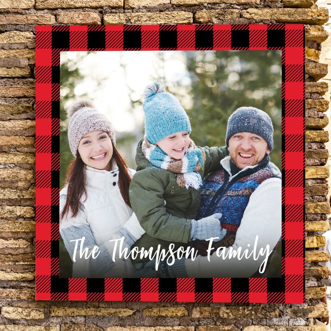 Impression Photo Chèque Buffle de Noël personnalisé (Square photo poster template with buffalo check pattern. )