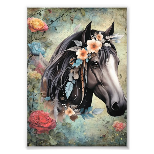Impression Photo Cheval brun dans les fleurs. (Devant)