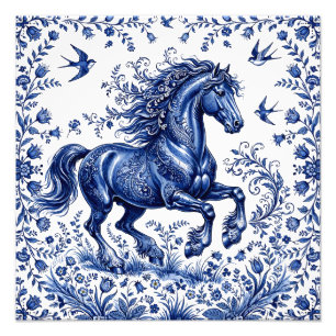 Impression Photo Cheval frison de style Delft Delftware dans un pré