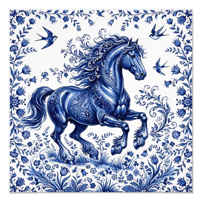 Impression Photo Cheval frison de style Delft Delftware dans un pré (Devant)