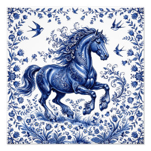 Impression Photo Cheval frison de style Delft Delftware dans un pré