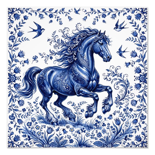 Impression Photo Cheval frison de style Delft Delftware dans un pré (Devant)