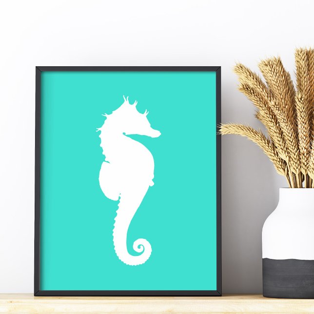 Impression Photo Cheval marin blanc sur turquoise (White Seahorse on Turquoise Photo Print)