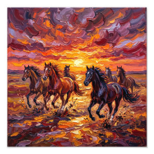 Impression Photo Chevaux Dynamiques en Feu Courant au Coucher du So