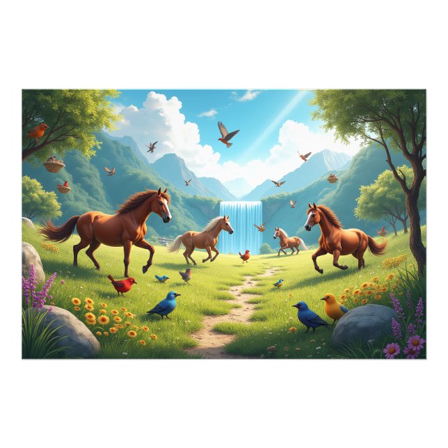 Impression Photo Chevaux et oiseaux en prairie luxuriante (Devant)