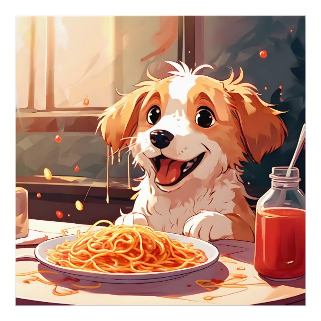 Impression Photo Chien mangeant spaghetti (Devant)
